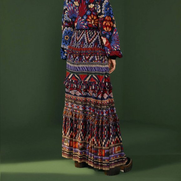 Farm Rio Ainika Tapestry Blue Maxi Skirt Tiered Size M - Picture 4 of 16